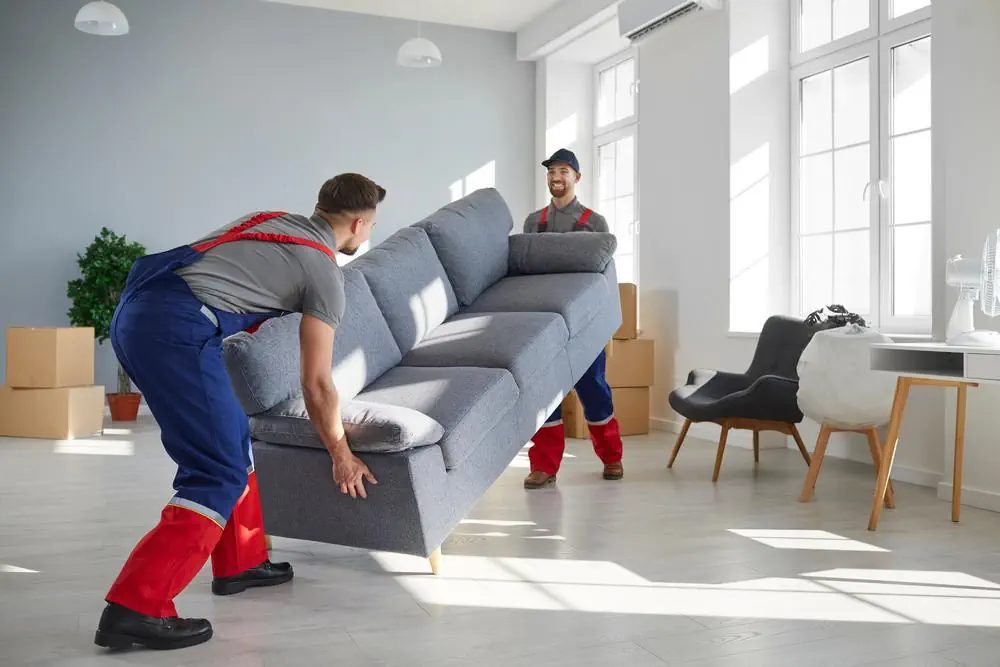 Zwei junge Arbeiter heben schweres Sofa zusammen auf